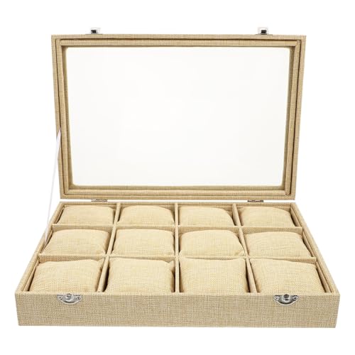 LIFKOME 12-slot Jute Watch Storage Box with Pillows Fashion Watch Display Case Organizer for Bracelets and Linen Color Jewelry Storage for Travel