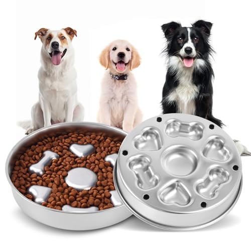 GLYVIAN Slow Feeder Dog Bowls, Stainless Steel with Non-Slip Rubber Base Metal Bowl, 4 Cups Large...
