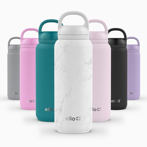 Image of Ello Cooper Twist 32oz Stainless Steel Water Bottle with Chug Lid | Leak Proof | Double Walled and Vacuum Insulated | Built in Carry Loop | Dishwasher Safe | White Marble