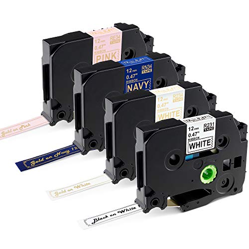 Aonomi Compatible Ribbon Label Tape Replacement for Brother TZe-R231 TZe-R234 TZe-RN34 TZe-RE34 12mm 0.47 Inch Ribbon for Brother PT-D210 PTH110 PTD400AD Ptouch Embellish, 4-Pack