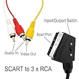 JZK 1.5M SCART to 3 x RCA (yellow/white/red) male to male adapter cable, audio/video converter cord with in/out switch, SCART to composite AV connector for TV, DVD, VCR, game console - Image 2