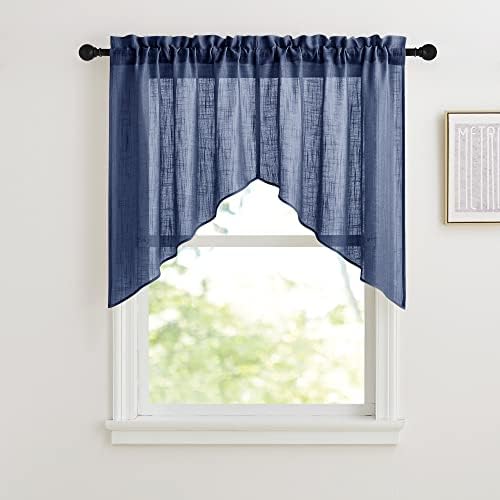 RYB HOME Window Toppers Valances - Linen Textured Wave Fabric Sheer Curtains Privacy for Bedroom Bathroom Kitchen Dining Kids Nursery Light & Airy Sheer, Navy Blue, 36 x 36 inch, 1 Pair