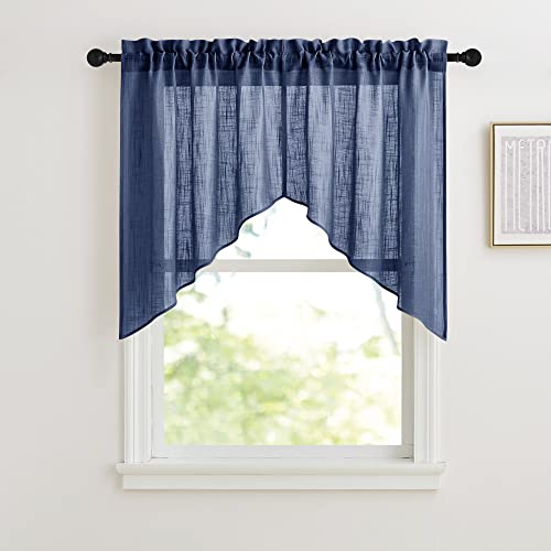 Ryb Home Window Toppers Valances - Linen Textured Wave Fabric Sheer Curtains Privacy For Bedroom Bathroom Kitchen Dining Kids Nursery Light & Airy Sheer, Navy Blue, 36 X 36 Inch, 1 Pair #TOP22