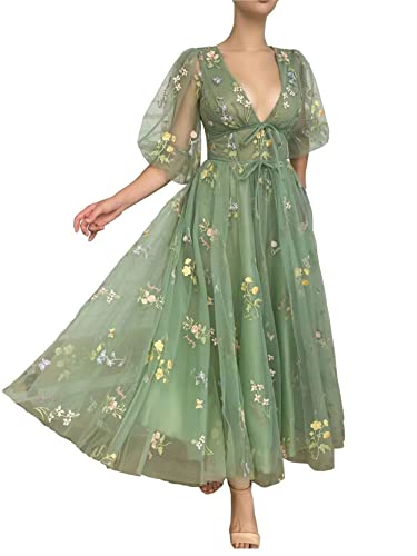 Image of Women's Puffy Sleeve Prom Dresses Fair Flower Embroidery Tulle Green Formal Evening Party Gowns