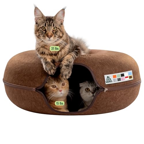 Cattasaurus Peekaboo Cat Cave Donut for Multiple & Large Cats up to 30-45 lbs, 3-in-1 Self Warming Cat Bed, Tunnel & Scratcher for Indoor Cats, Washable & Detachable Small Dog Bed (Brown, Jumbo)