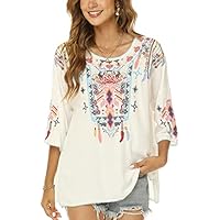 Seasonal Blusa bordada para mujer, bohemia, elegante, túnica, folklore hippie, blusas bohemias, manga 3/4, tops vintage para mujer, Blanco-438, XXL