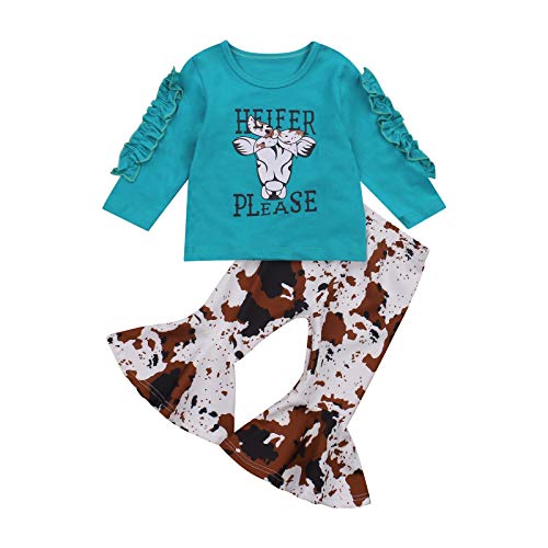 Image of Madjtlqy Toddler Baby Girls Outfits Long/Short Sleeve Cartoon Cow Head Print Top & Flare Pants Set Kids Clothes