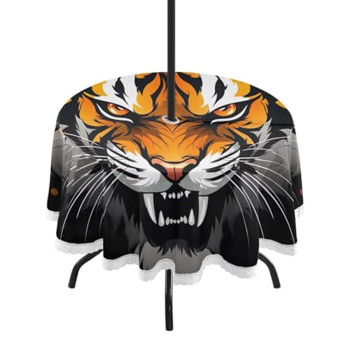 Wajiw 60 Inch Indoor Outdoor Round Tablecloth with Umbrella Hole and Zipper Waterproof Patio Table Cover for Camping Dining Room Party Outdoor Picnic,Tiger