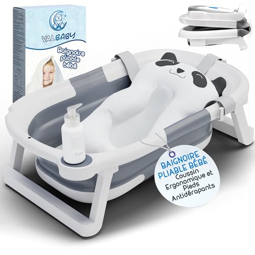 Baignoire Pliable Bébé Portable pour la Maison et les Voyages + Coussin Antidérapant Design Panda Grand et Rembourré Benoire Bain Baby Bath Tub Bassine bb...
