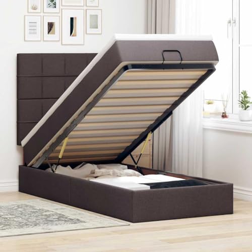 QZZCED Cama Otomana con Colchón de Muelles Ensacados, Tela de Poliéster Suave y Transpirable, 90x200 cm, Color Marrón Oscuro, Mecanismo de Elevación Hidráulico y Amplio Espacio
