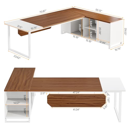 Image of Tribesigns 70.8 inch L-Shaped Executive Desk with 55 inch File Cabinet, Large Home Office Computer Desk with Storage Shelves and Cabinet, Modern Business Furniture Set Home Office, Walnut White