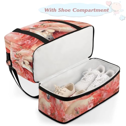 Travel Duffel Bags Flower Horse Foldable Weekender Bags for Women with Shoes Compartment Waterproof & Tear Resistant Carry on Overnight Luggage Duffel Bag Shoulder Sports Tote Bag4