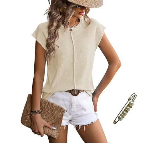 Image of Womens Lightweight Knit Top Cap Sleeve Crew Neck Shirt | Lightweight textured knit top with relaxed fit and cap sleeves, light colors may perspective