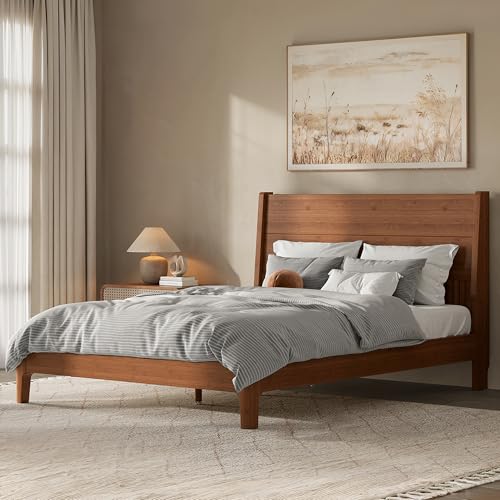 Image of Bellemave Full Size Bamboo Bed Frame with Headboard,Bamboo Platform Bed Frame Full Size with Tall Headboard and Wood Slats,Easy Assembly,Warm Brown