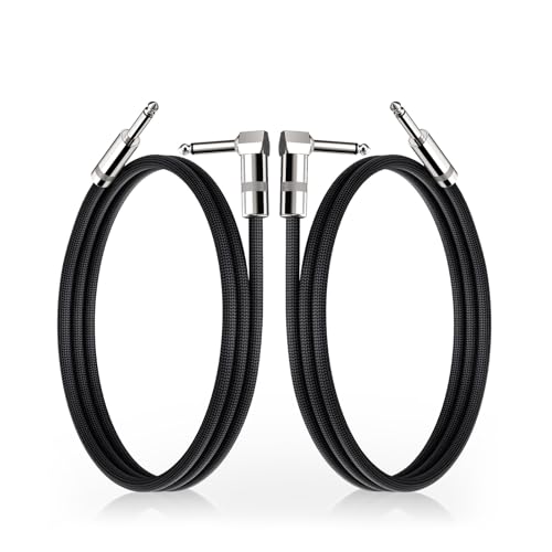 Image of Short Guitar Cable 3.3ft, 2-Pack, TS 1 /4 Quarter Inch Cords Braided | Amp Cord Shielded Electric Guitar Chord to Ampliefier, Aux Cords Right Angle Bass Instrument Cable, Black