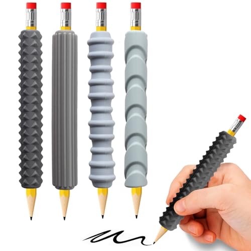 BTFSZ Pencil Grips, 4-Pack Textured Silicone Sleeves for Mechanical Pencils, Sensory Fidget ADHD Tool for Kids and Adults, Quiet Fidget Tools for Classroom Focus, Anxiety Relief（Black&Grey Set）