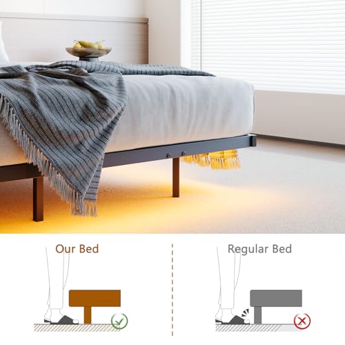 HOJINLINERO Bettgestell 140x200cm Bett mit LED Ladestation & Beleuchtung,Metallbett 140x200 mit Stauraum,Bettrahmen mit Lattenrost,Schwebender visueller Effekt