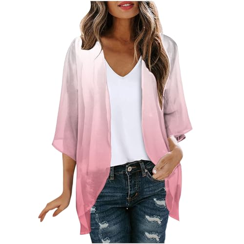 Women's Chiffon Kimono Cardigans Plus Size Beach Cover Up, 3/4 Sleeve Bikini Shawl Open Front Boho Beachwear Casual Loose Lightweight Swimwear Swimsuit Body Wraps Suit Beach Swimwear Capes