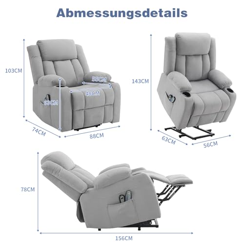 LEADZM Fernsehsessel Relaxsessel mit Aufzug Elektrisch Massagesessel mit Liegefunktion Aufstehhilfe, Massage Heizung 2 Seitentaschen Getränkehalter, Liegen TV Sessel – Bild 4