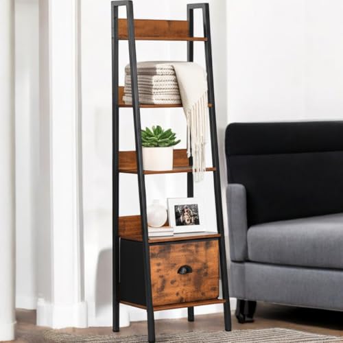 FurnitureR Scaffale portaoggetti per soggiorno, scaffale scala a 5 livelli, altezza 110 cm, libreria industriale, scaffali espositivi per il soggiorno, con cassetti in tessuto non tessuto, 42 x 29 x