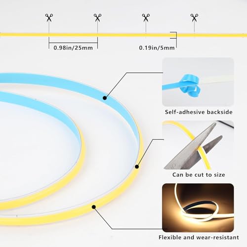 Image of 1M /3.28Ft Dimmable COB LED 5V USB Type-C Strip Light with Memory Function,Pure White 6000K Tape Light for Monitor TV Backlight,Mirror,Cabinet,staircases,DIY Lighting with Remote Control