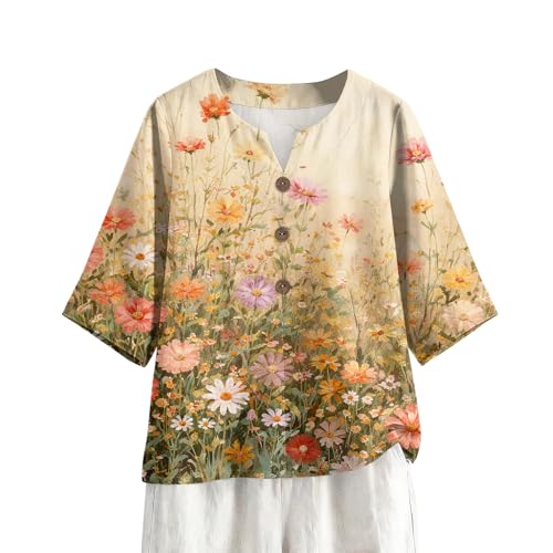Womens Button Down Half Sleeve Blouse Tops Printed V Neck T Shirts Oversized Casual Loose Cotton Linen Shirts