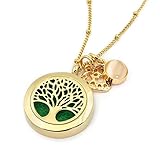 Gold Tree of Life Essential Oil Diffuser Necklace - Aromatherapy Jewelry - Hypoallergenic 316L Surgical Grade Stainless Steel, 20.8” Chain + 9 Washable Insert Pads + Charms …