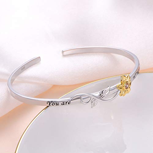 S925 Sterling Silver Sunflower with CZ Engraved You Are My Sunshine Bangle for Women 18" (Bangle)