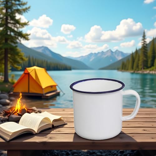 Jizlan White Enamel Coffee Tea Mug, Enamel Drinking Mugs Cups for Home/Office/Travel/Camping, Resusable & Portable Camping Mugs Coffee Mug for Indoor Outdoor Activities