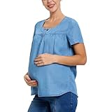 FASHIONSPARK Women's Denim Maternity Shirt Pleat V Neck Blouse Short Sleeve with Buttons Basic Pregnancy Jean Shirt