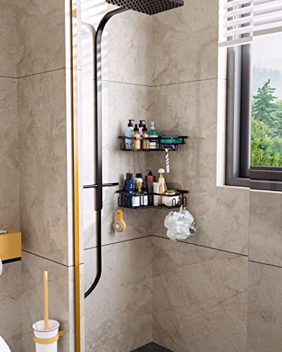 HapiRm Corner Shower Caddy with Shampoo Holder, 2-Pack Shower Organizer Shower Storage Shelf with 11 Hooks, No Drilling Rust Proof Stainless Steel Corner Shower Shelf with 6 Pack Adhesives (Black)