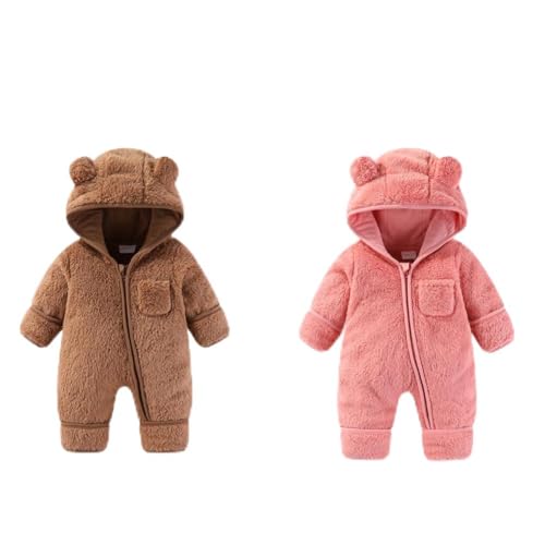 Image of AiWMGL Brown and Pink 0-3Months Newborn Baby Bear Outfit Suit Fold-Over Mittens Footies Girls Boys Winter Fleece Clothes Hooded Jumpsuit Romper