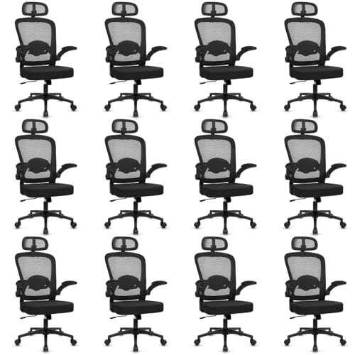 Image of KLASIKA Desk Chairs with Wheels, Ergonomic Mesh Back Home Office Chair with Headrest, Adjustable Lumbar Support Swivel Rolling Computer Chairs Flip Up Arms for Conference Meeting Room, Black, 12PK