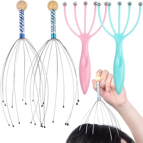 MINGZE Juego De 4 Masajeador De Cabeza Manual, 2x Rascadores De Cuero Cabelludo Y 2x Masajeador De Bolas Tipo Garra, Relaja Y Rejuvenece Mantiene Su Cuero Cabelludo Limpio Y Saludable