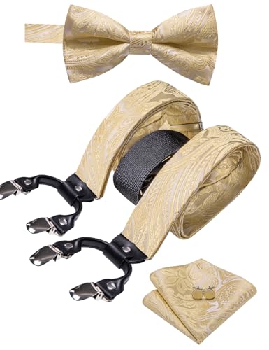 Image of YOHOWA Men Suspenders 6 Clips Strength Adjustable Y Braces Pre-Tied Bow Tie Set Formal Wedding Party