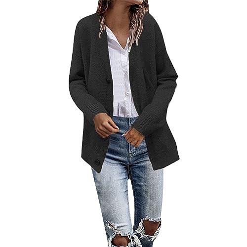 Chaqueta de punto ligera para mujer con botones, informal, monocolor, manga larga, elegante, cuello en V, frente abierto, punto, Negro , XL Chaqueta de punto ligera para mujer con botones, informal, monocolor, manga larga, elegante, cuello en V, frente abierto, punto, Negro , XL