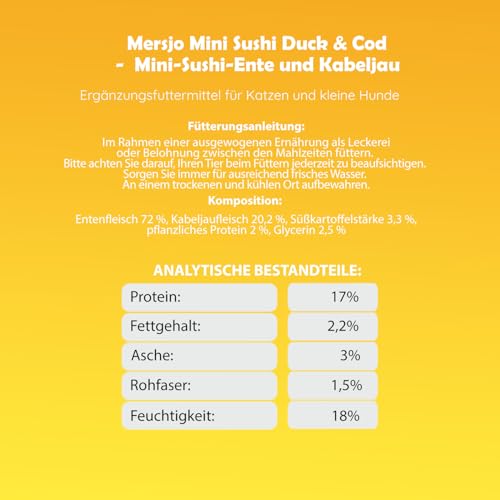 MERSJO Katzenleckerli - 92% Hoher Fleischanteil, Keine Zusatzstoffe, Getreide- und Zuckerfrei, Leckereien für Katzen und Hunde zur täglichen Ergänzung, Sushi mit Ente und Kabeljau, 10x50g