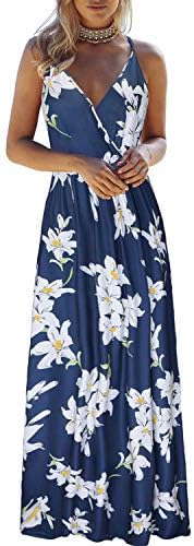 OUGES Womens Summer Maxi Dress V Neck Floral Adjustable Spaghetti Strap Beach Dresses with Pockets