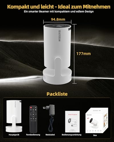 Beautiebeam Beamer Full HD 1080P Mini Beamer 4K, Auto Trapezkorrektur, Mini Projector 180°Dreh Videoprojektor Unterstützt 2.4/5G Dual WiFi6, Bluetooth5.0 mit Android11/OS11,Outdoor Heimkino