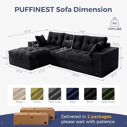 Image of MAXYOYO 104 inch L Shaped Modular Sectional Sofa with Ottoman, Cloud Boneless Couch with Layered Cushion, Upholstered Sofa in a Box, Flexible Module Combination for Living Room, No Assembly, Black