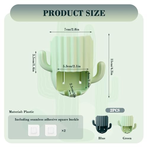 Image of HASTHIP 2Pcs Bathroom Toothbrush Holder, Self-Adhesive Toothpaste Holder, Toothbrush Holders for Bathroom Wall, Dual Toothbrush Slots, Cartoon Cactus Toothpaste Storage Holder, Green & Blue