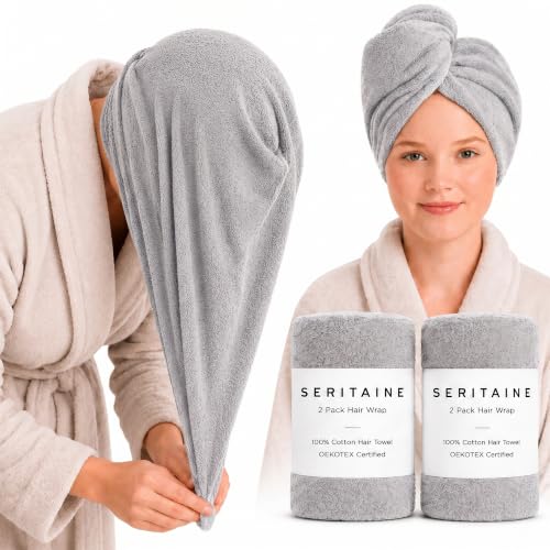Seritaine 100% Turkish Cotton Hair Towel Wrap 2 Pack Oeko-TEX Certified Quick Dry Turban for Wet Hair Soft Absorbent Gentle on Curly & Long Hair 10x26 Inch