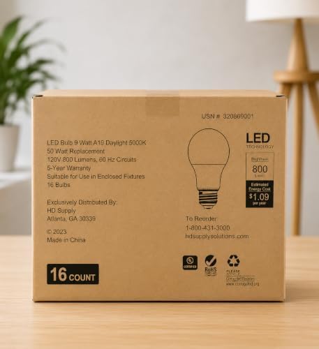 Replacement 16 Pack LED Bulbs Daylight White 5000K, 60 Watt Equivalent A19 Standard Bulbs, E26 Base, 800 LM, Efficient 9W Energy Saving, Non-Dimmable, 120V, for Living Room, Office image 3