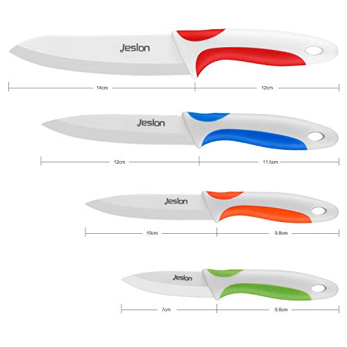 Foto von Jeslon Set Keramikmesser 4 Stücke - mit Schutzhülle Ergonomischer Griff Mehrfarbig - Kochmesser Sets für Fleisch, Brot, Obst & Gemüse