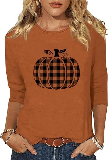 3/4 Sleeve Fall Shirts for Women Cute Floral Pumpkin Graphic Blouse Casual Halloween Tee Thanksgiving Tops