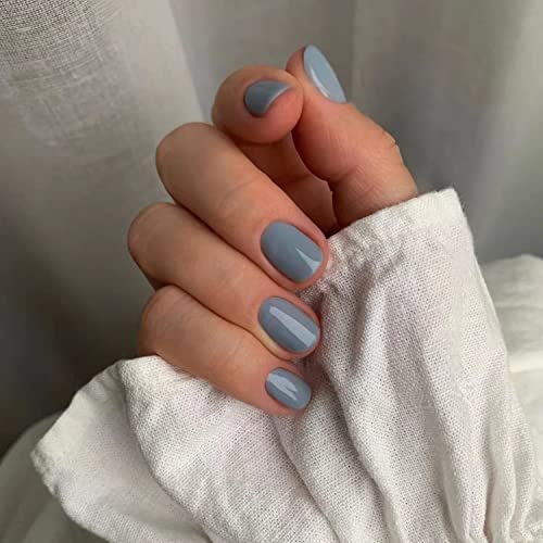 Square Press On Nails Short Square Fake Nails Blue Gray False Nails With Glossy Designs Artificial Full Cover Stick On Nails Glue On Nails For Women Girls Nail Decorations 24Pcs #TOP18