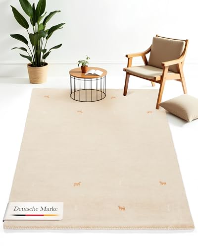 carpetfine Wollteppich Gabbeh Uni Beige 60x90 cm | Moderner Teppich für Wohn- und Schlafzimmer