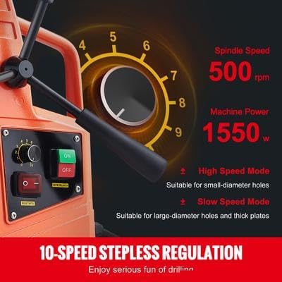 Happybuy Magnetic Drill, 1550W 2" Boring Diameter, 2922lbf/13000N 500 RPM Portable Electric Mag Drill Press with Variable Speed, Drilling Machine for Home Improvement, Industry, Railway