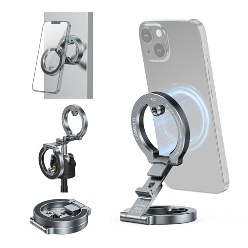 CAMOLO Stativ Doppelter Magnetischer Telefonhalter,Faltbarer Ring-Telefonständer,Telefonhalterung mit 1/4-Zoll-Schraubenloch für Stativ,Küche,Reisen,kompatibel mit iPhone 16/15/14/13/12