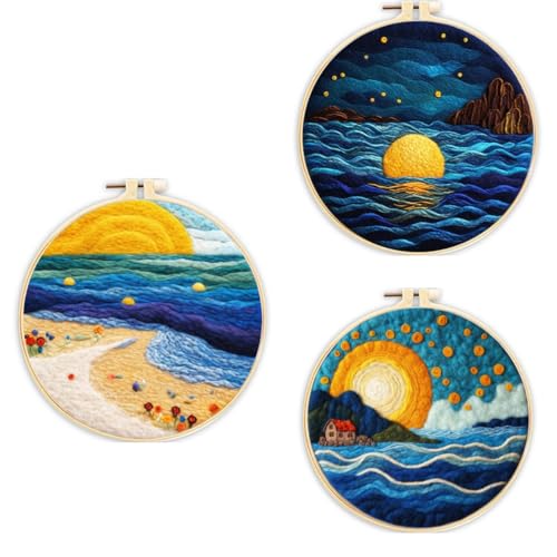 3 Sets Wool Felt Sets Seascape Scenery Needle Felting Kits DIY Handmade Wool Felt Painting Kits Home Decor Needle Felt Starter Sets Gifts with Instructions and Foam Pad for Beginners (Blue)